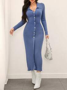 Modelyn 女士春秋纯色翻领单排扣长款修身优雅毛衣连衣裙 - 藍色 - 查看 6