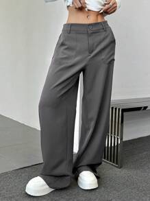 SHEIN EZwear 女士纯色低腰口袋直筒宽松休闲正装裤 - 灰色 - 查看 5