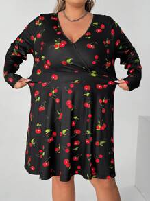 SHEIN CURVE+ Plus Size Women's Summer Garden Party Casual Cherry Blossom Print V-Neck Short Sleeve Dress With Loose A-Line Silhouette And Ruffle Hem