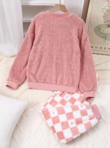 SHEIN 2 pièces Ensemble de vêtement de nuit pour femmes, sweat-shirt rose graphique doux et chaud, et pantalon rose à carreaux moelleux et douillet, tenue de détente confortable