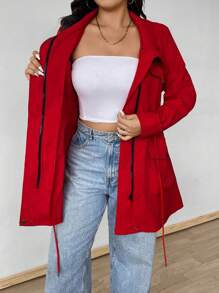 SHEIN MOOSTA Plus Size Hooded Cinched Waist Long Sleeve Pockets Jacket For New Year Clothes Fall Winter Cloth For Women Autumn - Red - View 8