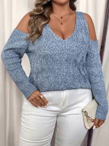 SHEIN Clasi Áo chui đầu Casuar mùa đông cỡ lớn, thích hợp cho các chuyến đi chơi, mua sắm, tụ tập, ăn trưa, hẹn hò và ngày lễ. Áo len cổ chữ V hở vai gợi cảm thiết kế khoét sâu nhiều màu bằng sợi móc - Màu xanh bụi bặm - Xem 7