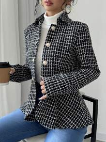 Chiquease Women's Front Button Plaid Long Sleeve Jacket, Casual Everyday - Black - View 4