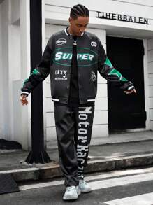 PAVTROS Manfinity Streetrush 2pcsMen's Casual Letter Print Jacket And Trousers Set, Autumn,Street Men Two Pieces Outfits,Men Tracksuit - Black - View 3