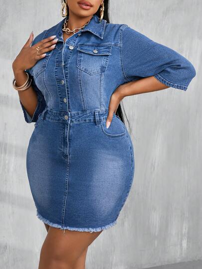 SHEIN SXY Plus Size Women's Blue Denim Elastic Bodycon Shirt Dress