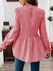 SHEIN LUNE Neckline Ruffle Hem Gingham Long Sleeve Casual Blouse With Frilled Edges On The Sleeves And Collar