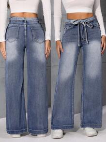 SHEIN LUNE Quần denim đơn giản, nhiều túi, thắt nơ phía trước cho nữ - Màu xanh lam - Xem 1