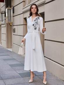 EURMUSE Contrast Floral Embroidery Detailed Long Line Button Through Shirt Dress - White - View 4