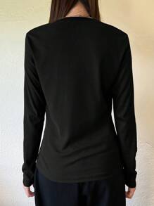 DAZY 女式半开领修身长袖 T 恤，百搭，适合春、夏、秋季学院风上衣、秋季女装 - 黑色 - 查看 2