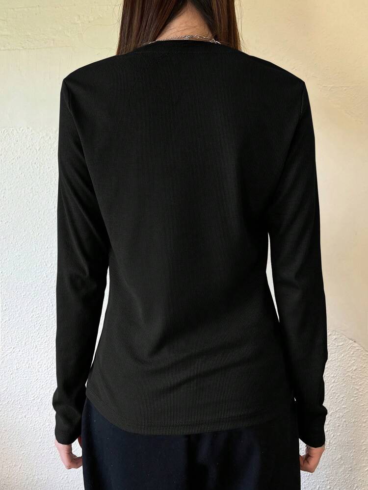 Women's Semi-Open Collar Fitted Long Sleeve T-Shirt, Versatile For Spring, Summer, Autumn Preppy Tops,Fall Women Clothes