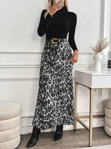 SHEIN LUNE High Waist Leopard Print Maxi Length Elegant Skirt - Multicolor - View 4
