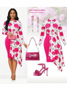 SHEIN Lady Vestido para fiesta de Navidad, vestido de fiesta, vestido de invitada de boda. Vestido con estampado de flores rojas, dobladillo asimétrico y diseño ajustado a la cadera. Vestido para dama, para usar en fiestas, primavera, verano, otoño. - Rosa Fucsia - Ver 1