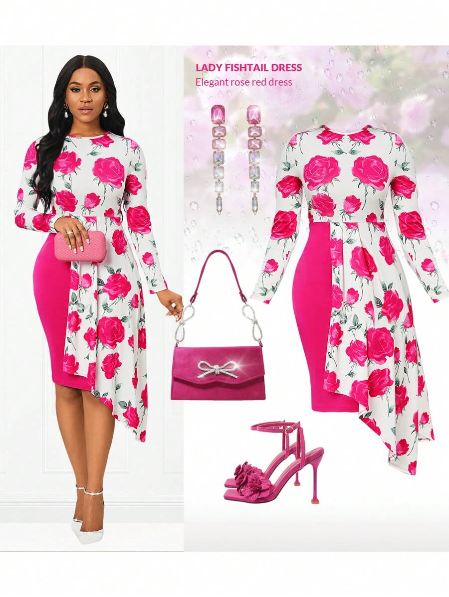 SHEIN Lady Vestido para fiesta de Navidad, vestido de fiesta, vestido de invitada de boda. Vestido con estampado de flores rojas, dobladillo asimétrico y diseño ajustado a la cadera. Vestido para dama, para usar en fiestas, primavera, verano, otoño. - Rosa Fucsia - Ver 1
