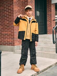 SHEIN Tween Boys Casual Colorblock 2-In-1 Hooded Jacket Autumn Fall - Yellow - View 4