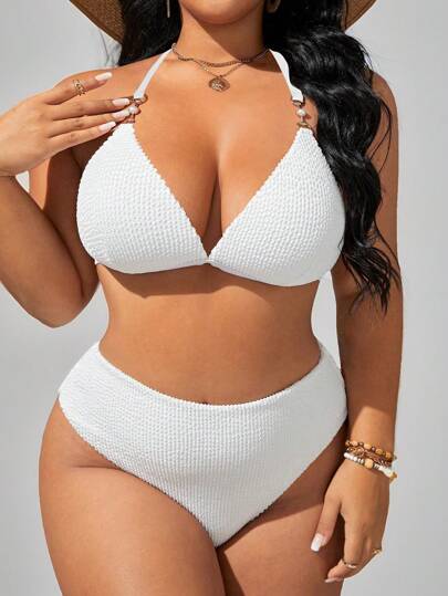 Swim SXY Summer Beach Plus Ring Linked Halter Triangle Bikini Set