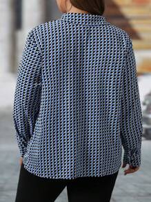 SHEIN Clasi 大码女式春夏几何印花长袖宽松休闲衬衫、工作服 - 藍色 - 查看 2