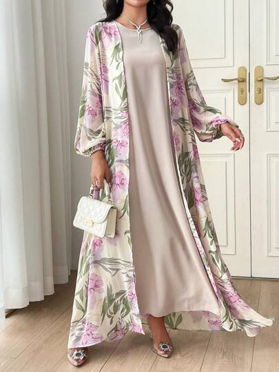 Al Najma 2 delar damset med blommigt tryck, lyktorärm och kofta med enfärgad rund halsringning, elegant set med 2 delar