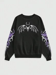 ROMWE Grunge Punk 大码街头服饰哥特式怪异骷髅拼色印花蝙蝠袖运动衫 - 黑色 - 查看 1