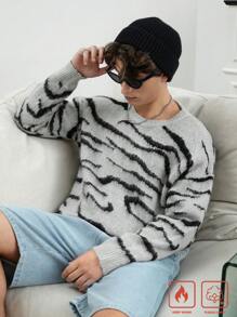 Claim Dot Jersey informal de cuello redondo con caída de hombros con estampado de cebra, para otoño e invierno, para hombres - Multicolor - Ver 3