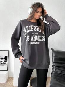 EURMUSE Women's Letter Print Crew Neck Long Sleeve Sweatshirt - Grey - View 5