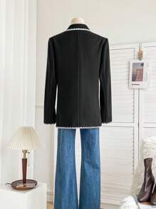 SHEIN LUNE Women's New Autumn/Winter Tweed Shell Trim Black Blazer Coat,Airport Outfits - Black and White - View 3