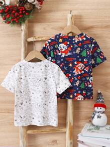 SHEIN Ensemble de 3 pièces pour jeunes garçons : écharpe, gants, bonnet imprimés avec bonhomme en pain d'épices, sapin de Noël et cloches de Noël, t-shirt doux et confortable à imprimé chien de dessin animé, adapté pour le printemps, l'automne et l'hiver