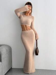 SHEIN Black Friday x Star Picks Flirla Bộ 2 món áo len cổ tròn lót nhiệt mềm mại tối giản màu kaki dành cho nữ và chân váy chữ A, thường ngày cho mùa thu/đông - Màu Khaki - Xem 1