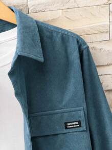 Manfinity Homme 男士休闲宽松字母印花长袖衬衫，春/秋 - 藍色 - 查看 4