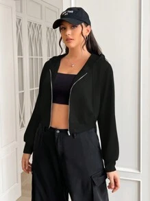 SHEIN EZwear Sudadera con capucha y cremallera de manga larga y corta talla grande