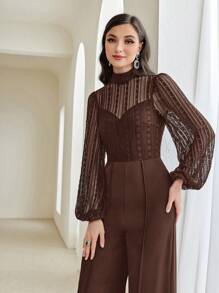 Modelyn 女式纯色立领蕾丝灯笼袖连体裤，春夏 - 咖啡棕 - 查看 6