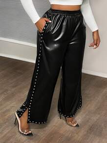 Slaydiva Quần ống rộng thời trang rộng rãi bằng da PU màu đen đinh tán cỡ lớn cho nữ, dành cho mùa đông - màu đen - Xem 5