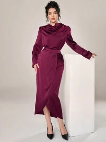 Modelyn 勃艮第红色 2 件女式纯色围脖领衬衫和迷你裙优雅套装，春秋两件套 - 酒紅色 - 查看 8