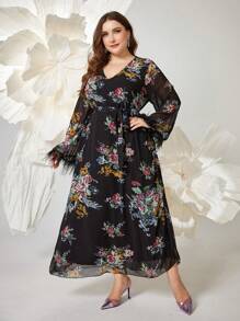 Modelyn Đầm tay dài in hoa cổ chữ V cỡ lớn có thắt lưng - màu đen - Xem 5