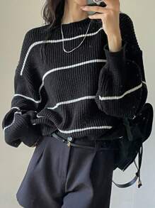 DAZY Women's Casual Loose Fit Striped Crew Neck Dropped Shoulder Long Sleeve Sweater, Fall/Winter - Black and White - View 6