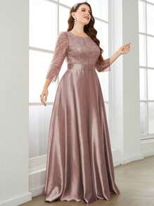 Đầm satin dài tay đính sequin cỡ lớn, đầm dạ hội trang trọng, đầm dự tiệc cưới, lễ tốt nghiệp, tiệc tối màu hồng mùa xuân. - Hồng - Xem 3