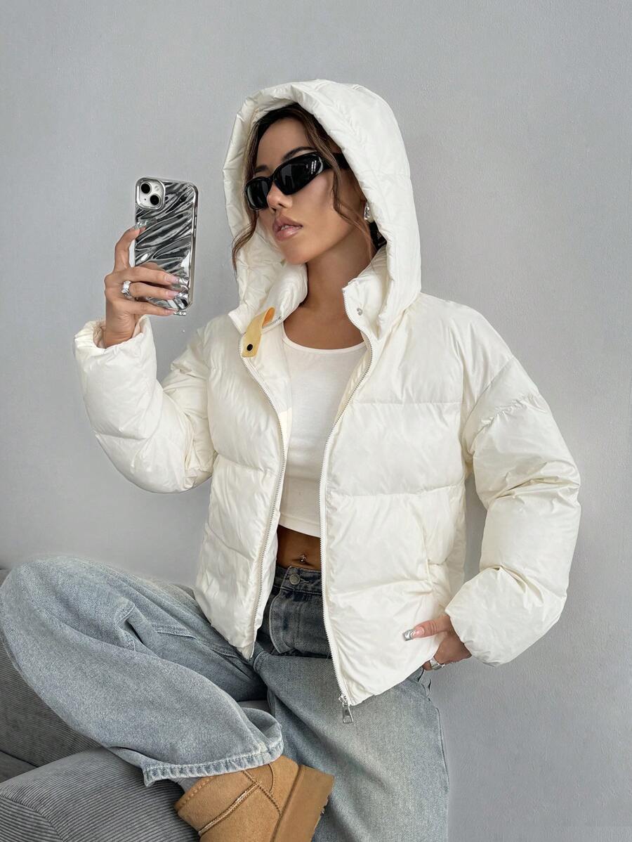 SHEIN Unity 女士休闲纯色厚冬季加厚棉服外套，连帽宽松，通勤百搭 - 白色 - 查看 1