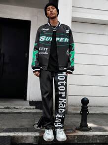 PAVTROS Manfinity Streetrush 2pcsMen's Casual Letter Print Jacket And Trousers Set, Autumn,Street Men Two Pieces Outfits,Men Tracksuit - Black - View 6