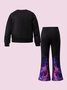 2pcs Young Girl Autumn/Winter Horse Print Round Neck Long Sleeve Sweatshirt And Flare Pants Casual Outfit - Black - View 2