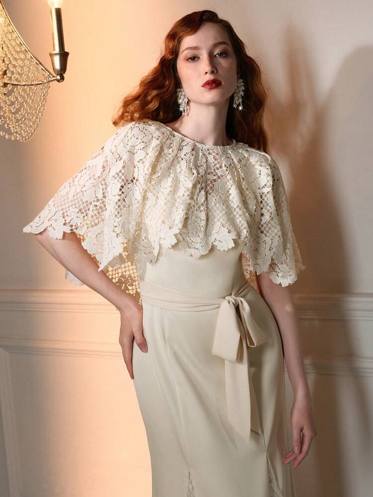 The Great Gatsby x MOTF CONTRAST LACE SOLID BELTED DRESS