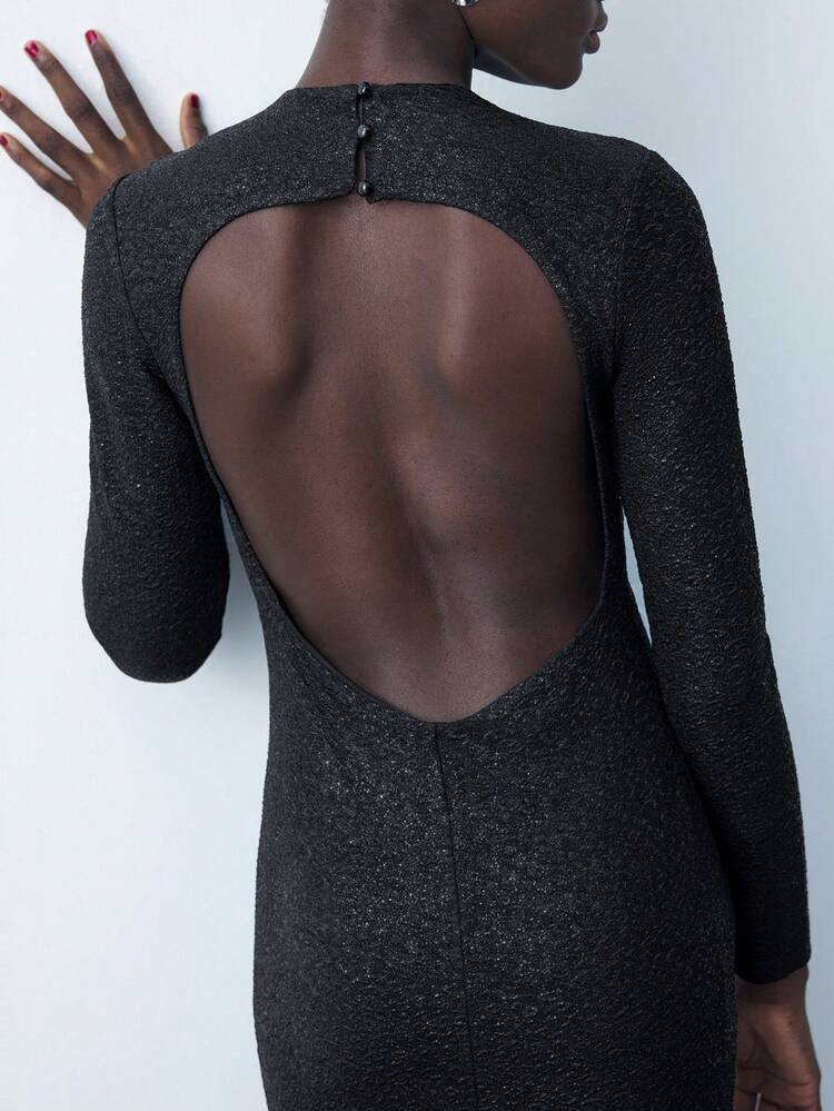 SHEIN Maija Women's Solid Color Knit Crew Neck Backless Fitted Long Dress, Elegant For Autumn