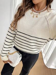 SHEIN Frenchy Suéter casual de cuello de tripulación a rayas con mangas raglán para mujeres, otoño e invierno