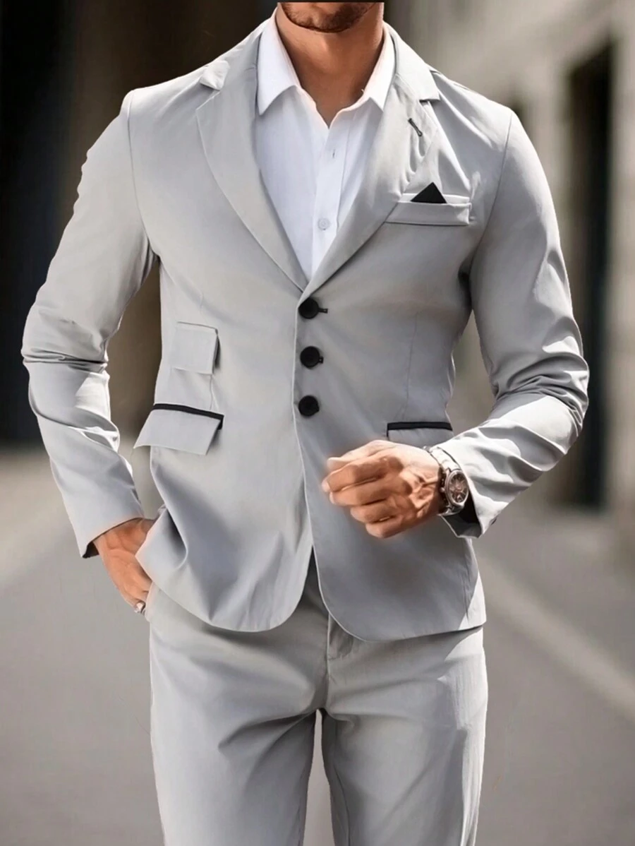 Manfinity Mode Men's Suit Set With Lapel, Button Closure Long Sleeve Top And Straight Leg Comfortable Pants - Grey - View 1