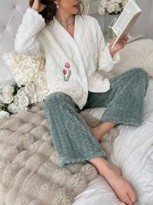 花卉刺绣提花毛绒开衫和长裤睡衣套装 - 彩色 - 查看 4