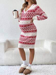 SHEIN 孕妇心形图案 V 领长袖优雅毛衣连衣裙，秋冬 - 紅色 - 查看 6