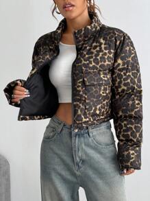 Flirla 女士冬季服装长袖工装口袋豹纹印花加厚棉服外套