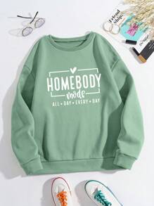 INAWLY 女士字母印花圆领长袖运动衫，秋冬季，长袖上衣 - 綠色 - 查看 5