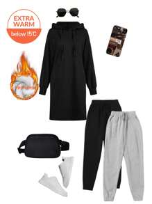 SHEIN LUNE Women's Casual Solid Color Drawstring Hooded Sweatshirt Dress