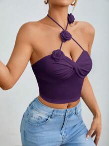 SHEIN PETITE 女士时尚性感纯色3D花朵吊带背心 - 紫色 - 查看 5