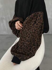 FRIFUL 女士圆领落肩宽松豹纹拼布运动衫，秋冬季 - 卡其色 - 查看 8