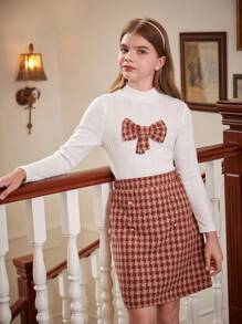 2 piezas Conjunto casual de niña preadolescente con blusa de manga larga con cuello y decoración de corbata de moño a cuadros, y falda mini de pata de gallo, primavera/otoño - Multicolor - Ver 1